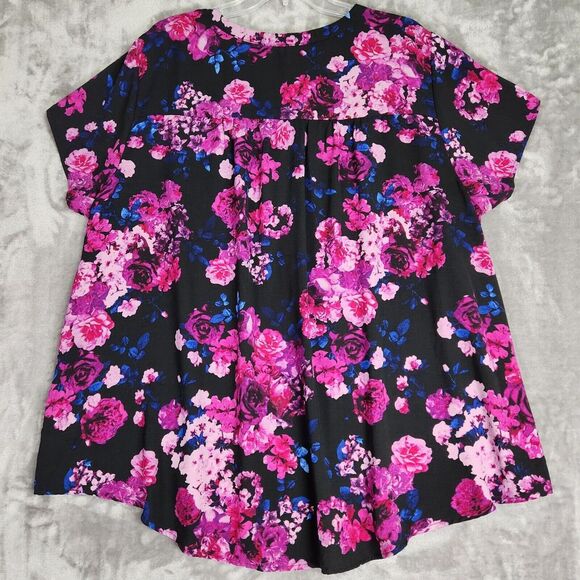 Torrid Top Womens 3X Pink Black Floral Gauze Short Sleeve Split V-Neck Cottage - Picture 3 of 8